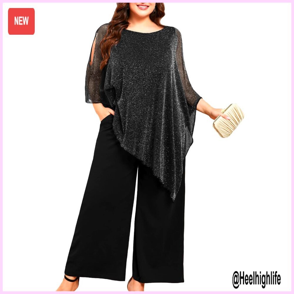 Plus Size Pant Suit Set Asymmetric Cape Top Wide Leg Pants Formal Wedding Guest